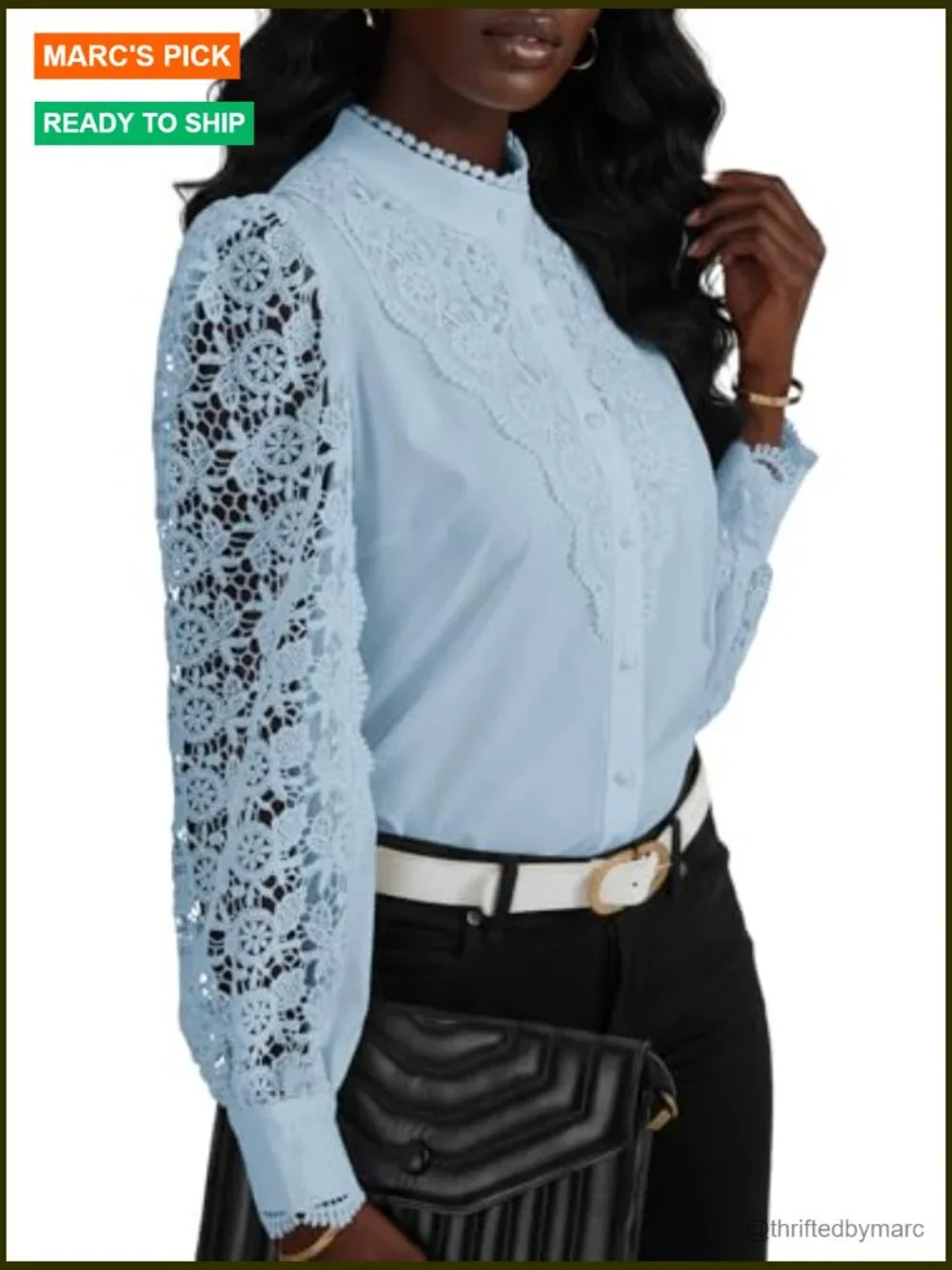 Mock Neck Lace Blouse Long Sleeve Button Down Crochet Top Work - Picture 4 of 7